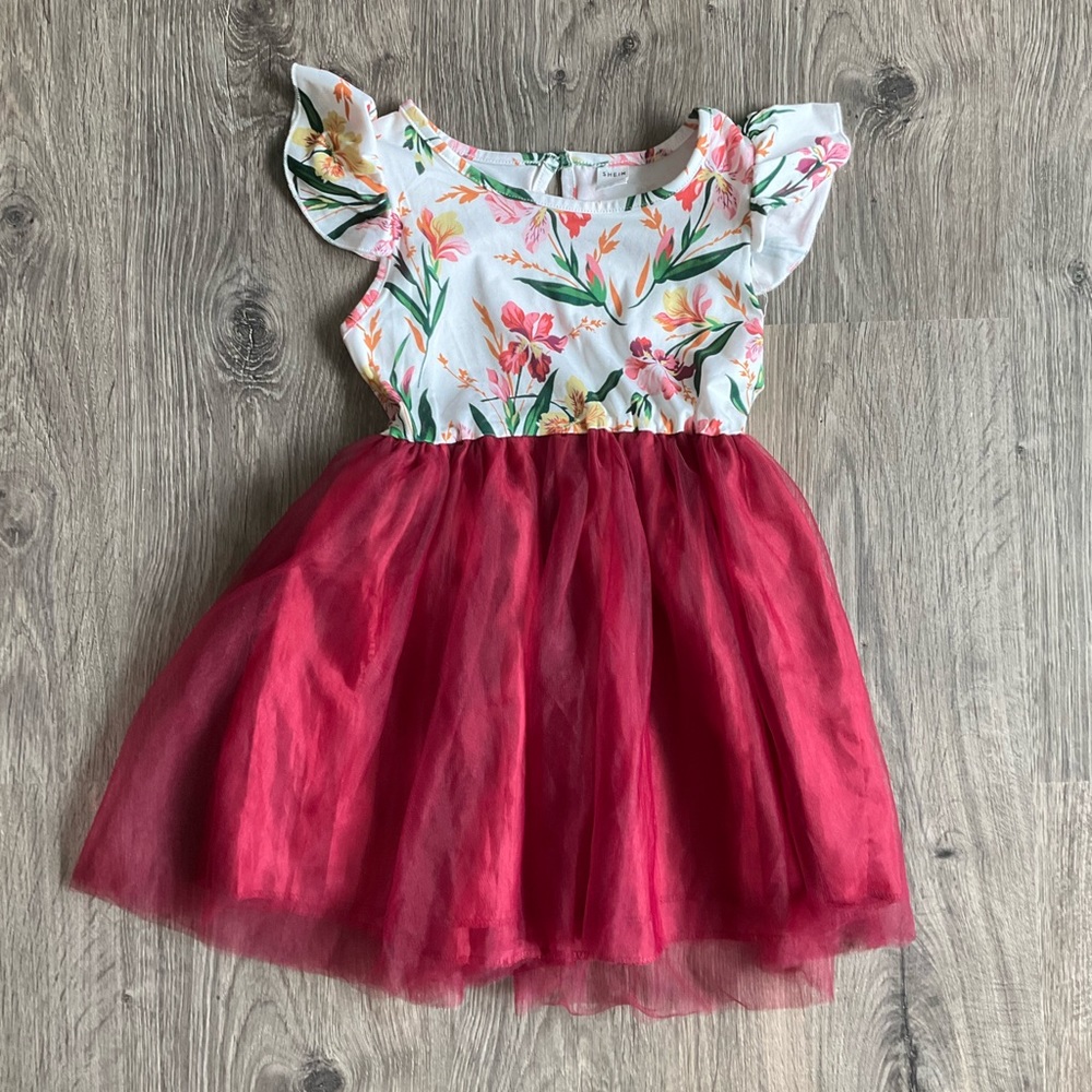 Toddler Floral Print Contrast Mesh Dress Size 3-4 Y
